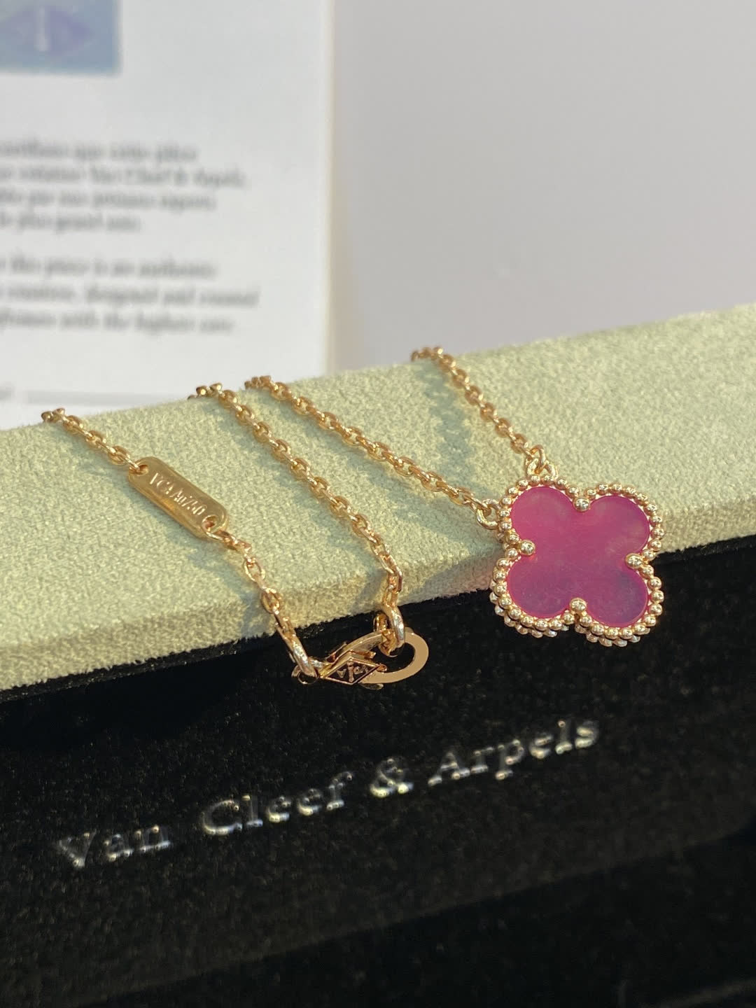 Van Cleef & Arpels Vintage Alhambra Pink Enamel Gold Necklace